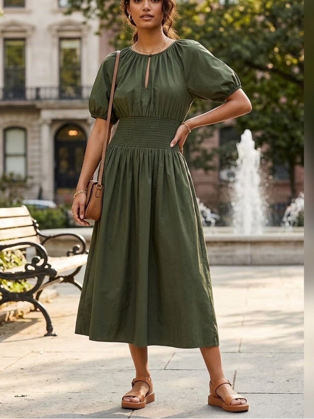 J.Crew Olive Green Smocked Waist Poplin Midi Dress Puff Sleeve🧡